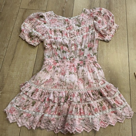 LoveShackFancy Augustine Pink Floral Cotton Eyelet Mini Dress - "Loves Me" Print - Picture 3 of 9